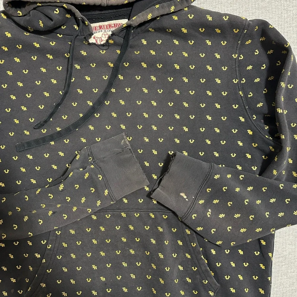 True Religion Monogram AOP Pullover Hoodie Black Gold Horseshoe Logo Y2K X-Large